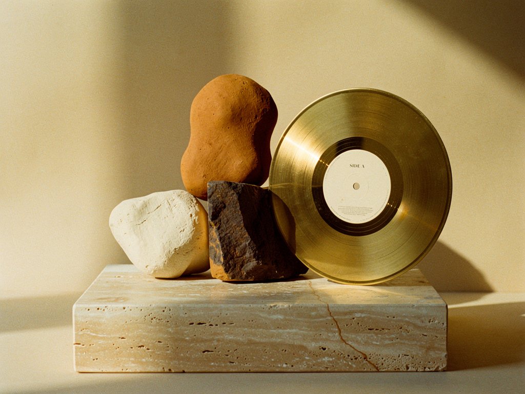 Sculptural forms in cream plaster and ochre clay under warm West African sunlight
