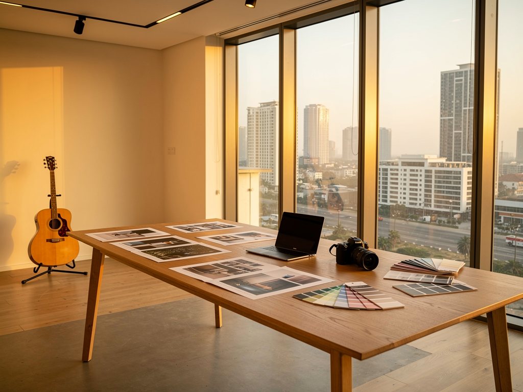 A warm, modern creative studio in Lagos at golden hour